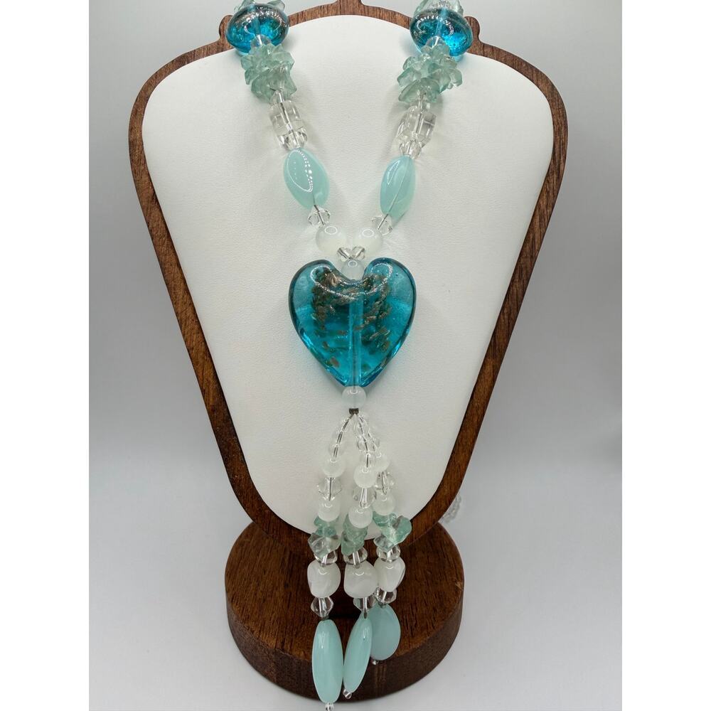💙 Aqua Glass Heart Statement Necklace | Beaded Tassel Drop | 18” Drop